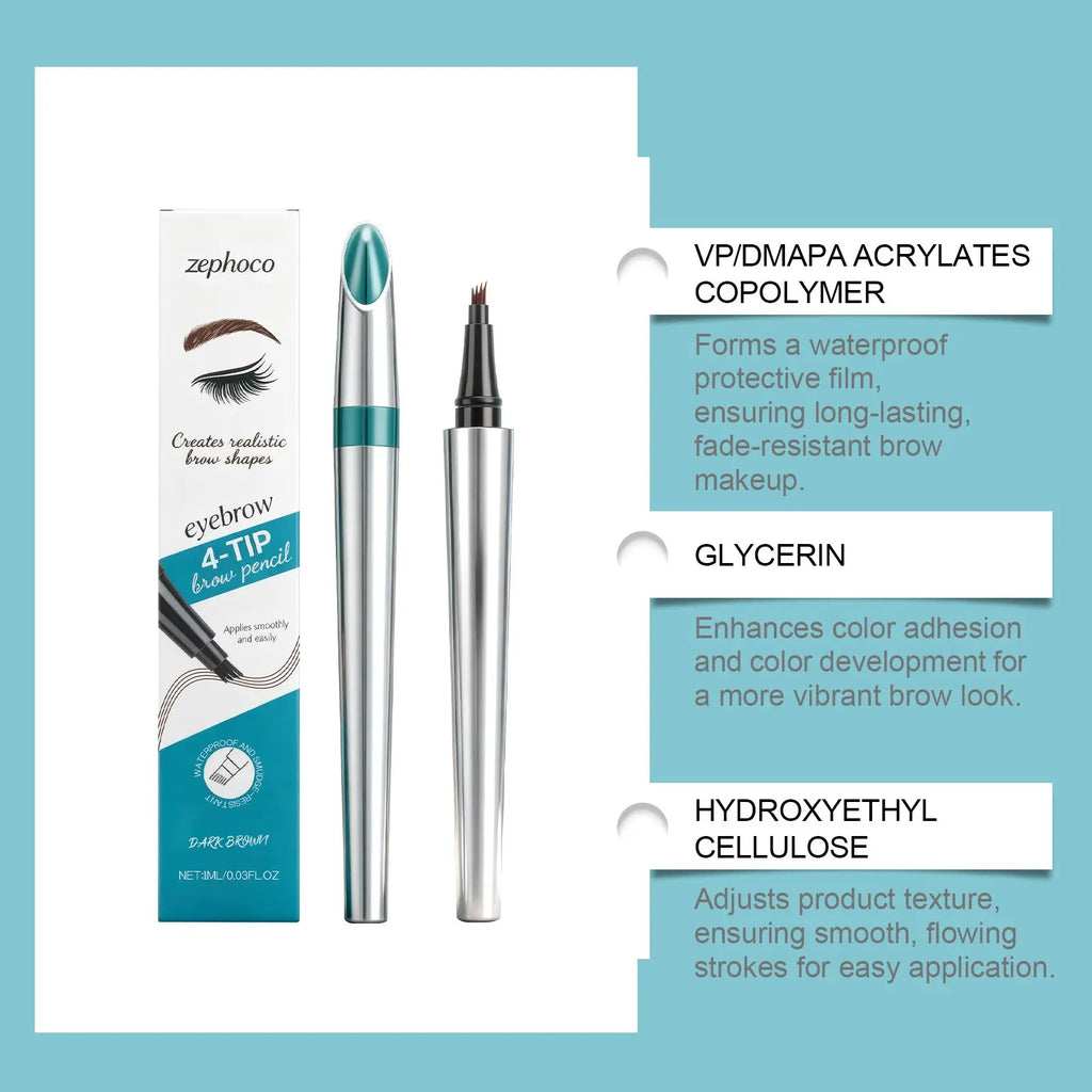zephoco Dark Brown 4-Tip Brow Pen✨Smudge-proof Waterproof Sweat-proof Precisely Sculpted Brows 3D Wild Brow