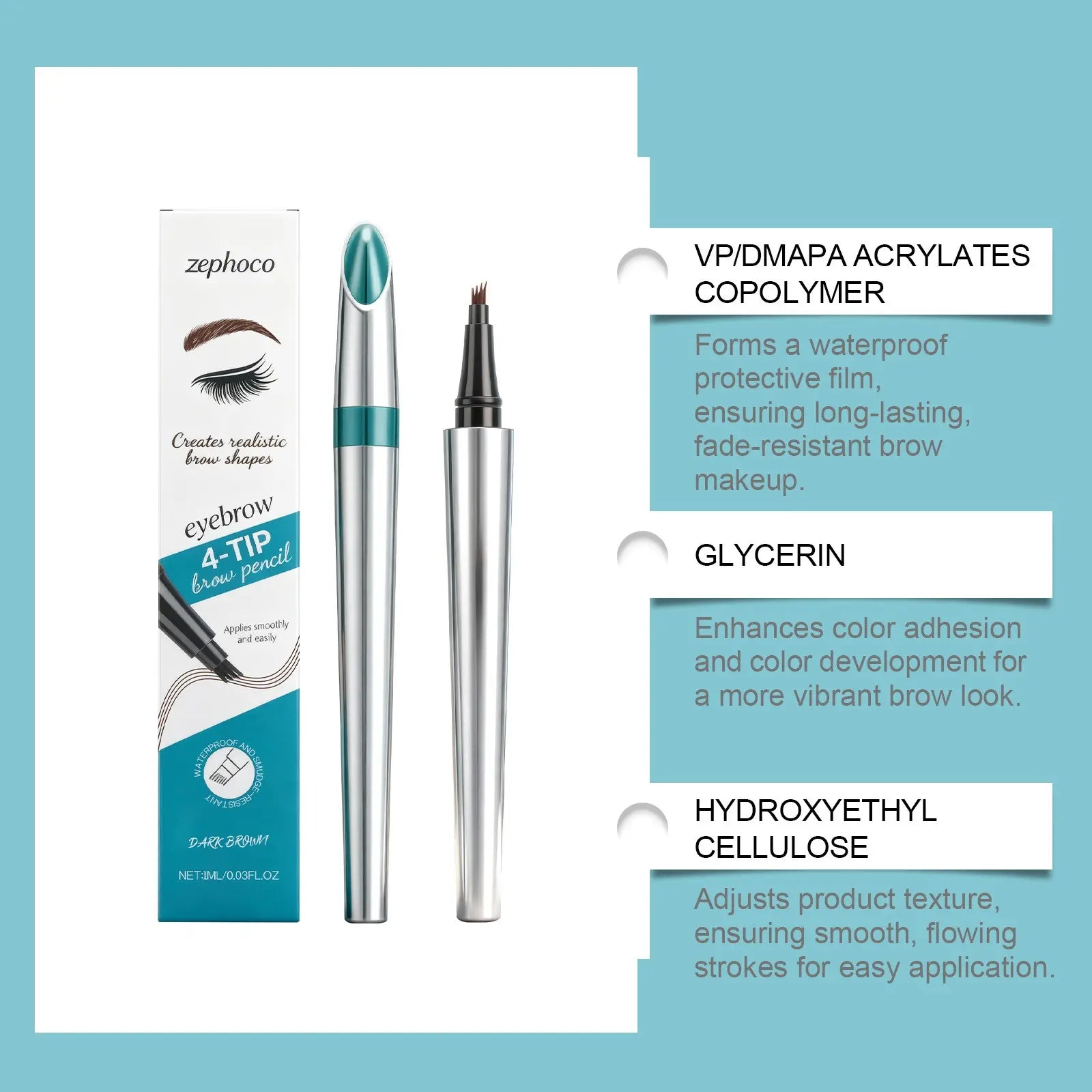 zephoco Dark Brown 4-Tip Brow Pen✨Smudge-proof Waterproof Sweat-proof Precisely Sculpted Brows 3D Wild Brow