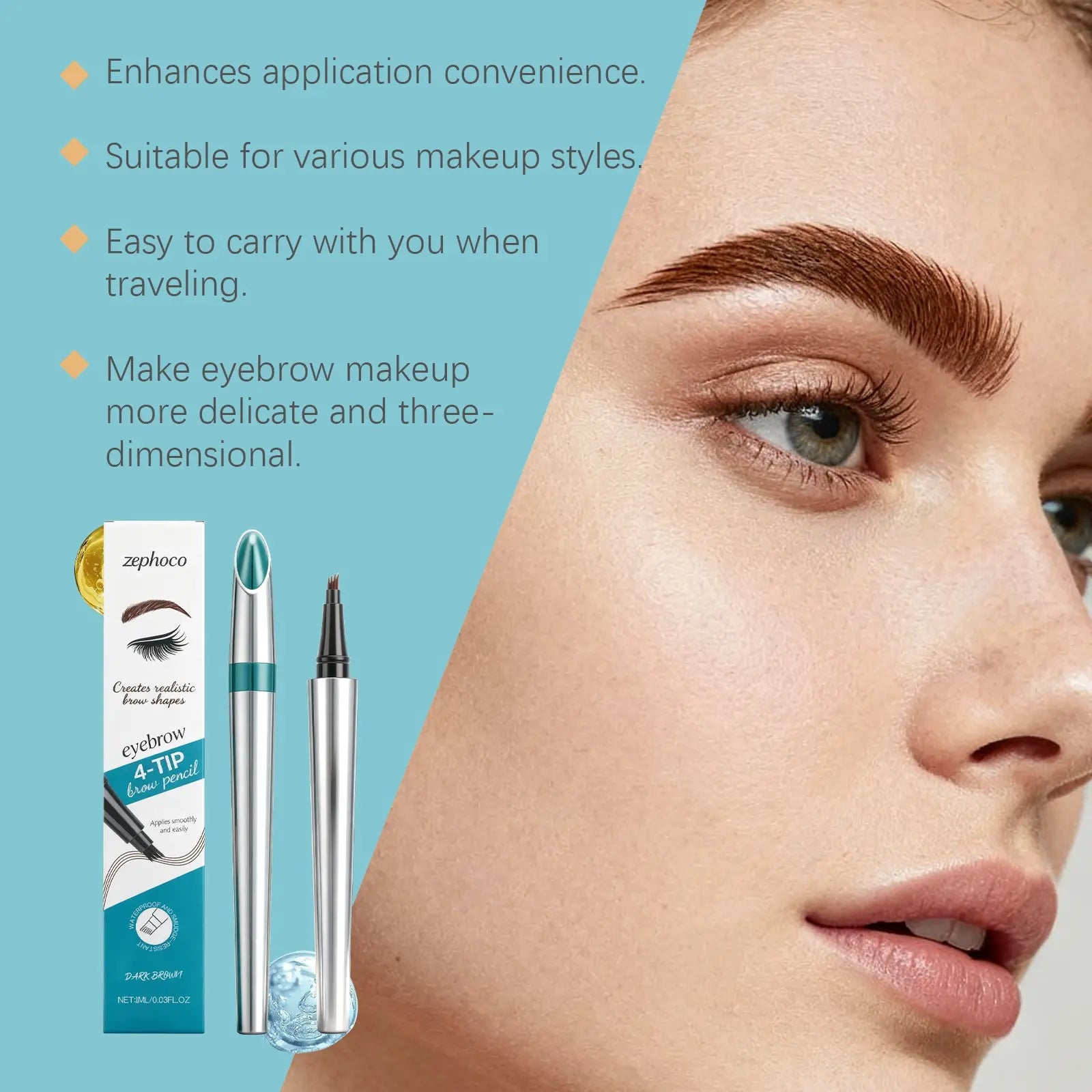 zephoco Dark Brown 4-Tip Brow Pen✨Smudge-proof Waterproof Sweat-proof Precisely Sculpted Brows 3D Wild Brow