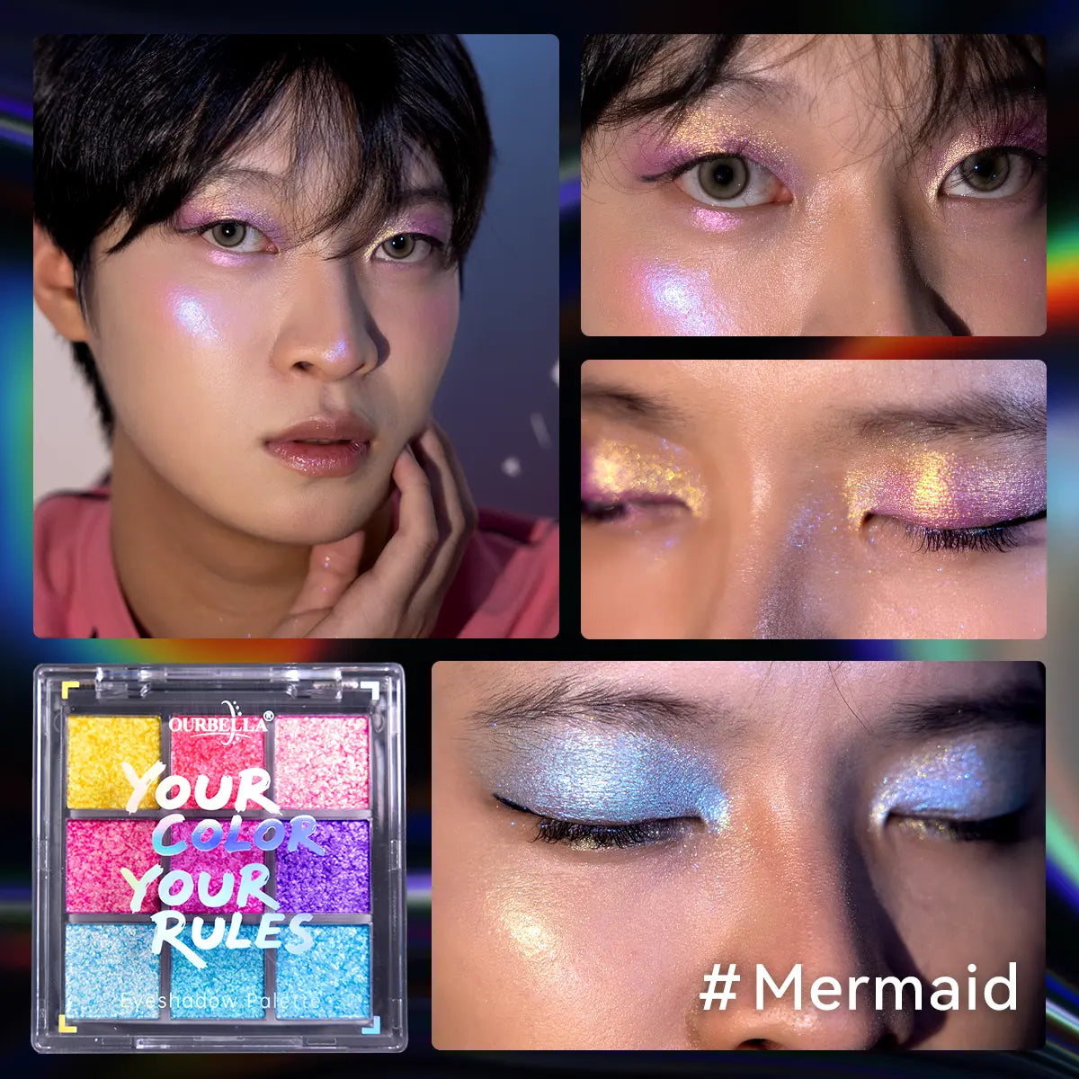 Ourbella Duochrome Eyeshadow Palette Mermaid 9 Shades with Super Smooth Formula Includes Special Colors & Highly Pigmented Makeup Multicolor Cosmetic Blend Daily Gentle Lid Shimmer Glitter