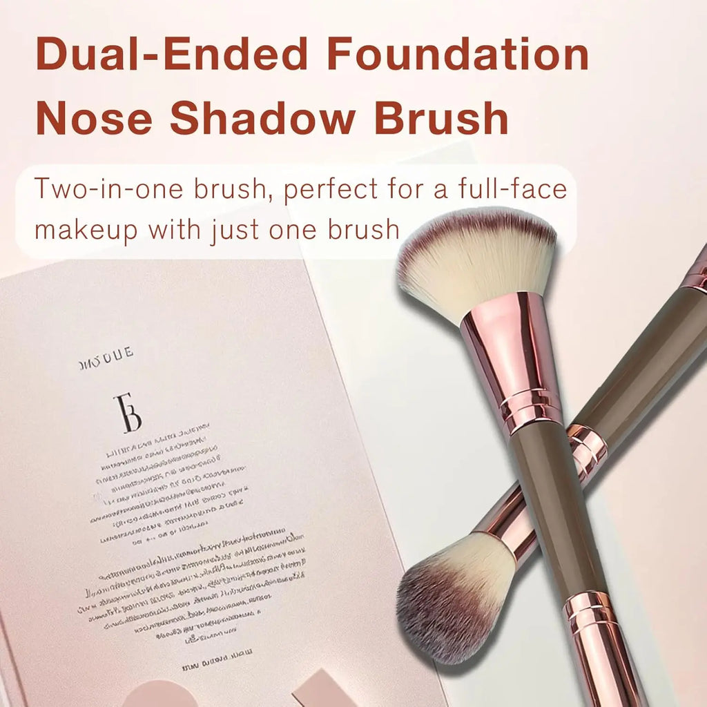 Double-Ended Foundation Makeup Brush, Angled/Round Top for Liquid, Powder & Cream Blending (Brown), champagne gold