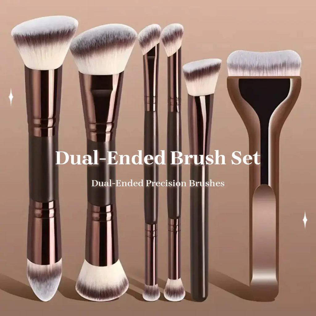 6-Piece Dual-Ended Makeup Brush Set, Cosmetic Brush Set, Two-In-One Multifunctional Foundation Contour Eyeshadow Blush Brushes, Blending Brush, Premium Synthetic Hair Beauty Tools